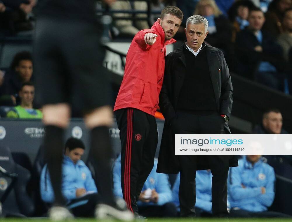 Mandatory Credit: Photo by Matt West BPI Shutterstock (9973765dc) Manchester United, ManU manager Jose Mourinho and coach Michael Carrick Manchester City v Manchester United, Premier League, Football, Etihad Stadium, Manchester, UK - 11 Nov 2018 No use with unauthorised audio, video, data, fixture lists (outside the EU), club league logos or live services. Online in-match use limited to 45 images (+15 in extra time). No use to emulate moving images. No use in betting, games or single club league player publications services. Manchester City v Manchester United, Premier League, Football, Etihad Stadium, Manchester, UK - 11 Nov 2018 No use with unauthorised audio, video, data, fixture lists (outside the EU), club league logos or live services. Online in-match use limited to 45 images (+15 in extra time). No use to emulate moving images. No use in betting, games or