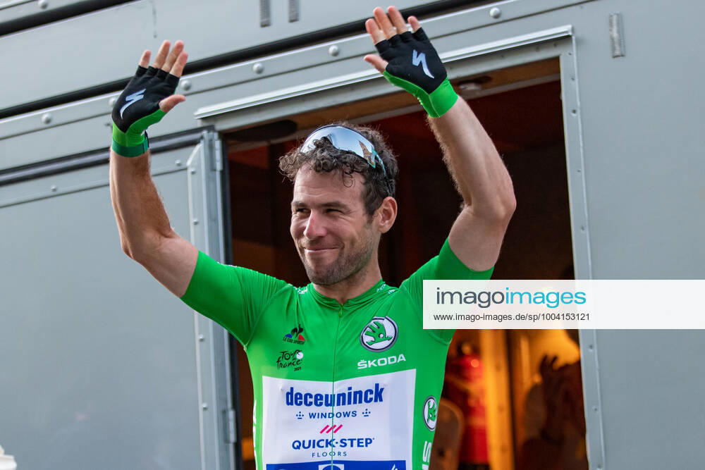 British Mark Cavendish of Deceuninck - Quick-Step celebrates on the podium after winning the Natourcriterium Roeselare cycling race, Tuesday 20 July 2021 in Roeselare. The contest is a part of the traditional criteriums , local races in which mainly cyclists who rode the Tour de France compete. KURTxDESPLENTER x06116266x