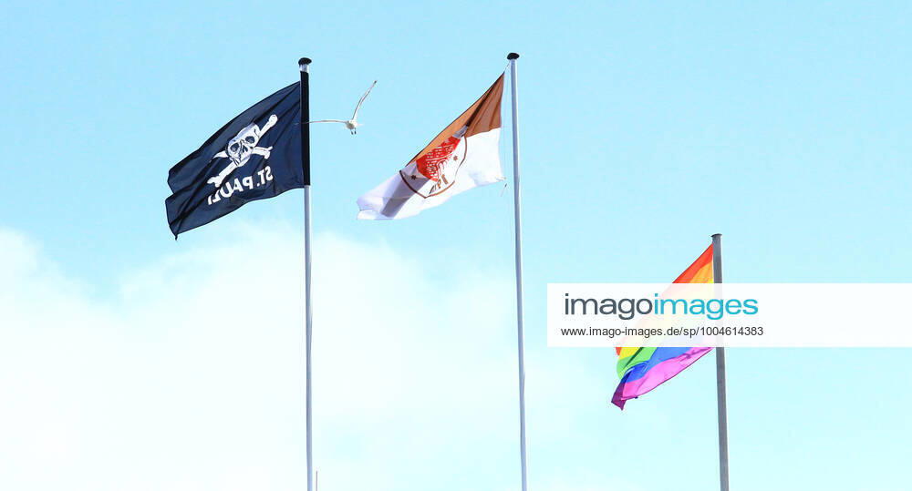 On the roof of the stadium of the second division football club FC St Pauli a flag of FC St Pauli, a skull and crossbones flag and a rainbow flag St Pauli Hamburg are flying.