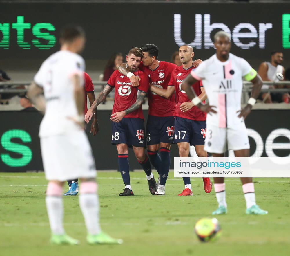 French Super Cup 2021 (Trophee Des Champions) - PSG Vs Lille Lille s Portuguese midfielder Xeka (C) celebrates at the end of the French Champions Trophy (Trophee des Champions) final football match between Paris Saint-Germain (PSG) and Lille (LOSC) at the Bloomfield Stadium in Tel Aviv, Israel, on August 1, 2021 Tel Aviv Israel jebarah-notitle210801_np0mX