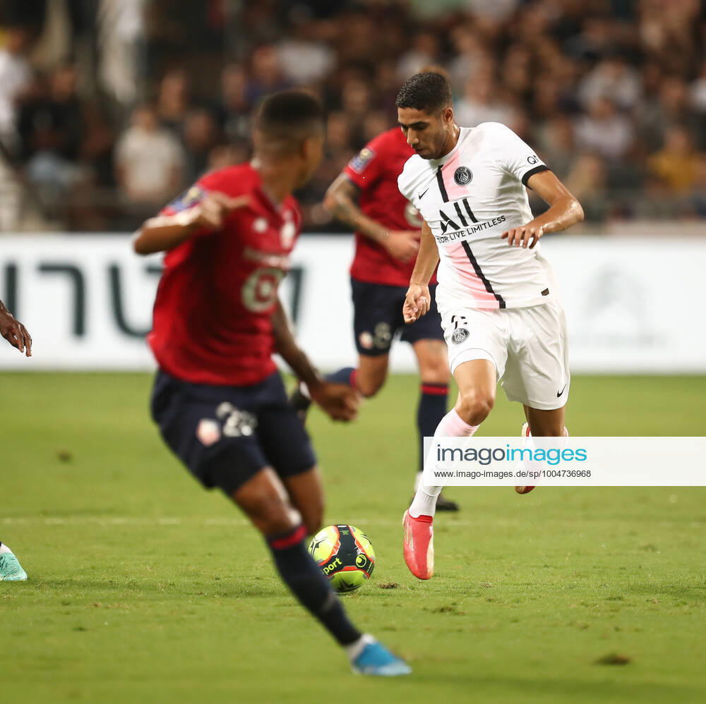 French Super Cup 2021 (Trophee Des Champions) - PSG Vs Lille Paris Saint-Germain s Moroccan defender Achraf Hakimi during the French Champions Trophy (Trophee des Champions) final football match between Paris Saint-Germain (PSG) and Lille (LOSC) at the Bloomfield Stadium in Tel Aviv, Israel, on August 1, 2021 Tel Aviv Israel jebarah-notitle210801_npPJu