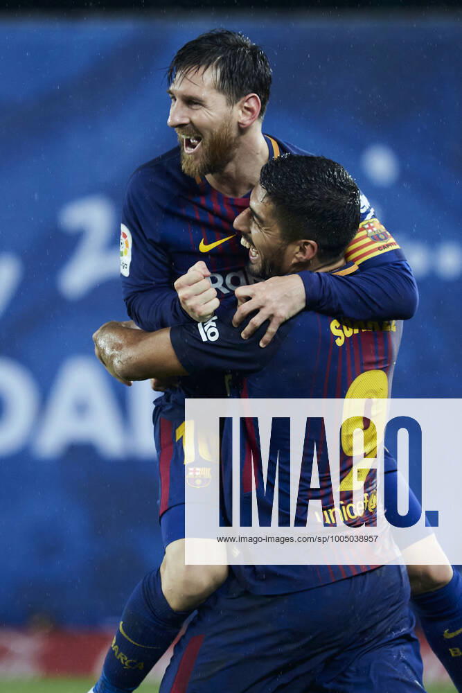 LA LIGA Lionel Messi of FC Barcelona, Barca celebrates a goal with Luis Suarez during a match of FC Barcelona at San Mames on 14 January, 2018 in Bilbao, Spain. Bilbao San Mames Basque Country Spain MESSI012