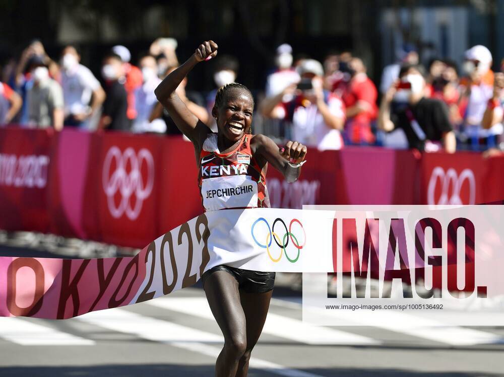 Tokyo Olympics: Athletics Peres Jepchirchir of Kenya reacts as she wins the women s marathon at the Tokyo Olympics on Aug. 7, 2021, in Sapporo, northern Japan. A14AA0000756948P