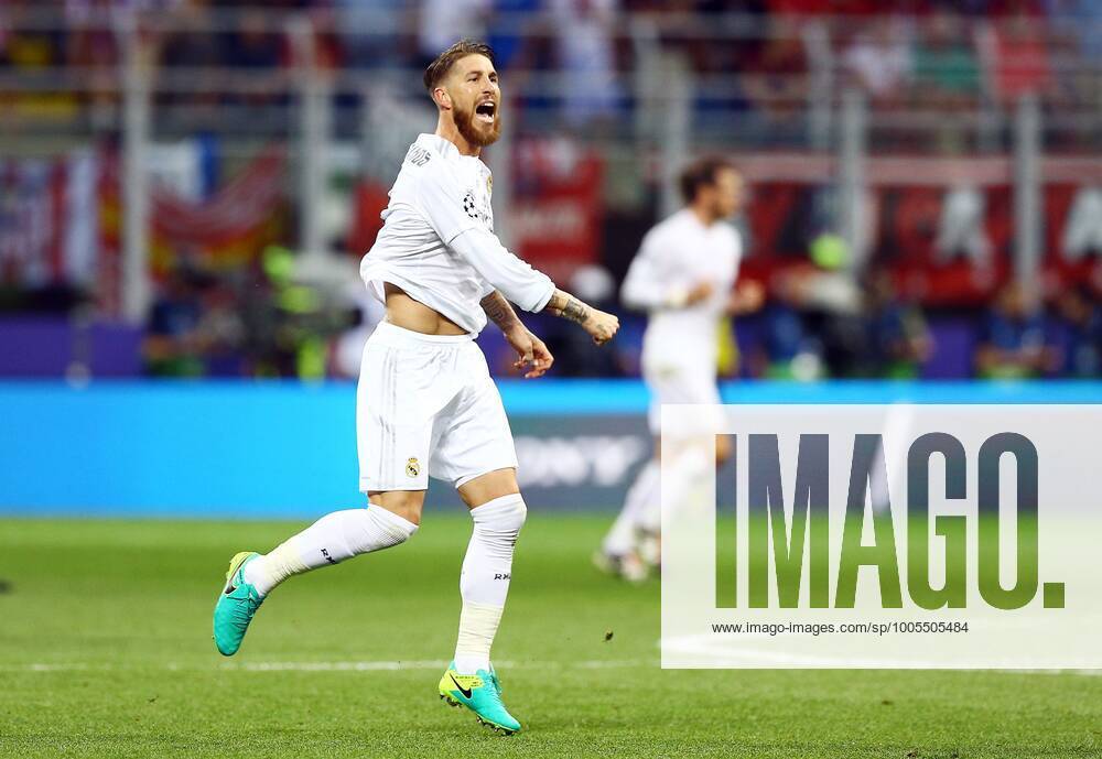 Mandatory Credit: Photo by Kieran Mcmanus BPI Shutterstock (5696816am) Sergio Ramos of Real Madrid celebrates scoring the opening goal during the UEFA Champions League final between Real Madrid and Atletico Madrid played at the Giuseppe Meazza Stadium (San Siro), Milan, Italy on May 28th 2016 UEFA Champions League 2015 16 Final Real Madrid v Atletico Madrid San Siro, Giuseppe Meazza, Milan, Italy - 28 May 2016 No use with unauthorised audio, video, data, fixture lists, club league logos or live services. Online in-match use limited to 75 images, no video emulation. No use in betting, games or single club league player publications. UEFA Champions League 2015 16 Final Real Madrid v Atletico Madrid San Siro, Giuseppe Meazza, Milan, Italy - 28 May 2016 No use with unauthorised audio, video, data, fixture lists, club league logos or live services. Online in-match use limited to 75 images, no video emulation. No use in betting, games or single club league player publications.
