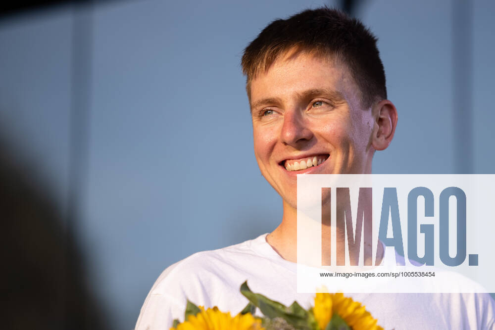 Two-time Tour de France winner Tadej Pogacar on stage at a reception in his honour in Komenda, his hometown. .Pogacar won the Tour de France for the second time in a row and bronze medal at the Tokyo Olympic Games, Olympische Spiele, Olympia, OS Komenda Slovenia - ZUMAs197 0129347050st