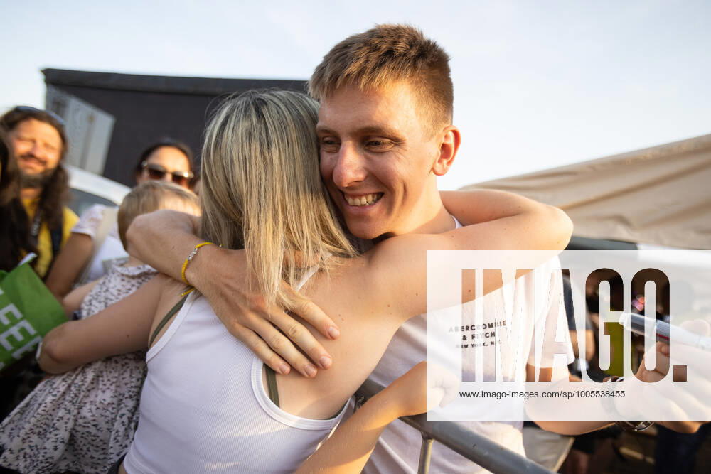 Two-time Tour de France winner Tadej Pogacar hugs a fan at a reception in his honour in Komenda, his hometown. .Pogacar won the Tour de France for the second time in a row and bronze medal at the Tokyo Olympic Games, Olympische Spiele, Olympia, OS Komenda Slovenia - ZUMAs197 0129347051st
