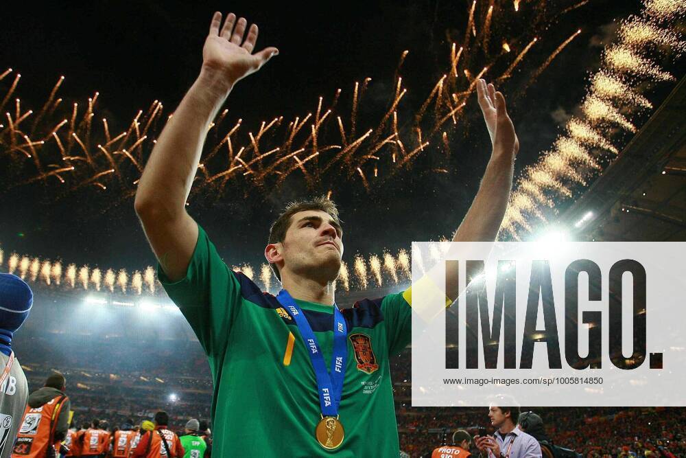 Mandatory Credit: Photo by Back Page Images Shutterstock (1206333ai) Iker Casillas of Spain celebrates with his winner s medal Netherlands v Spain, 2010 FIFA World Cup, WM, Weltmeisterschaft, Fussball Final football match, Soccer City, Johannesburg, South Africa - 11 Jul 2010 Iker Casillas of Spain celebrates with his winner s medal as fireworks go off after his sides win against Netherlands in the World Cup Final Netherlands v Spain, 2010 FIFA World Cup Final football match, Soccer City, Johannesburg, South Africa - 11 Jul 2010