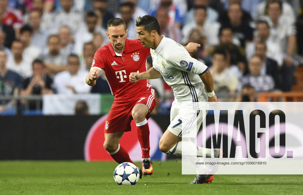 Mandatory Credit: Photo by Javier Garcia BPI Shutterstock (8617689dy) Franck Ribery of Bayern Munich chases Cristiano Ronaldo of Real Madrid during the UEFA Champions League Quarter Final second leg match between Real Madrid and Bayern Munich played at the Estadio Santiago Bernabeu, Madrid on 18th April 2017 Football - UEFA Champions League 2016 17 Quarter Final Second Leg Real Madrid v Bayern Munich Santiago Bernabéu Stadium, Madrid, Spain - 18 Apr 2017 No use with unauthorised audio, video, data, fixture lists, club league logos or live services. Online in-match use limited to 75 images, no video emulation. No use in betting, games or single club league player publications. Football - UEFA Champions League 2016 17 Quarter Final Second Leg Real Madrid v Bayern Munich Santiago Bernabéu Stadium, Madrid, Spain - 18 Apr 2017 No use with unauthorised audio, video, data, fixture lists, club league logos or live services. Online in-match use limited to 75 images, no video emulation. No use in betting, games or single club league player publications.