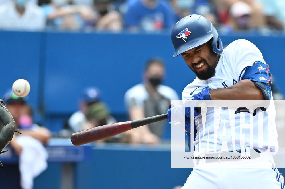 Toronto Blue Jays Marcus Semien reacts after being hit by a pitch from Detroit Tigers Jose Cisnero, not seen, in the seventh inning of an American League baseball game in Toronto on Sunday, Aug. 22, 2021. Marcus Semien - ZUMAc35_ 20210822_zaf_c35_033