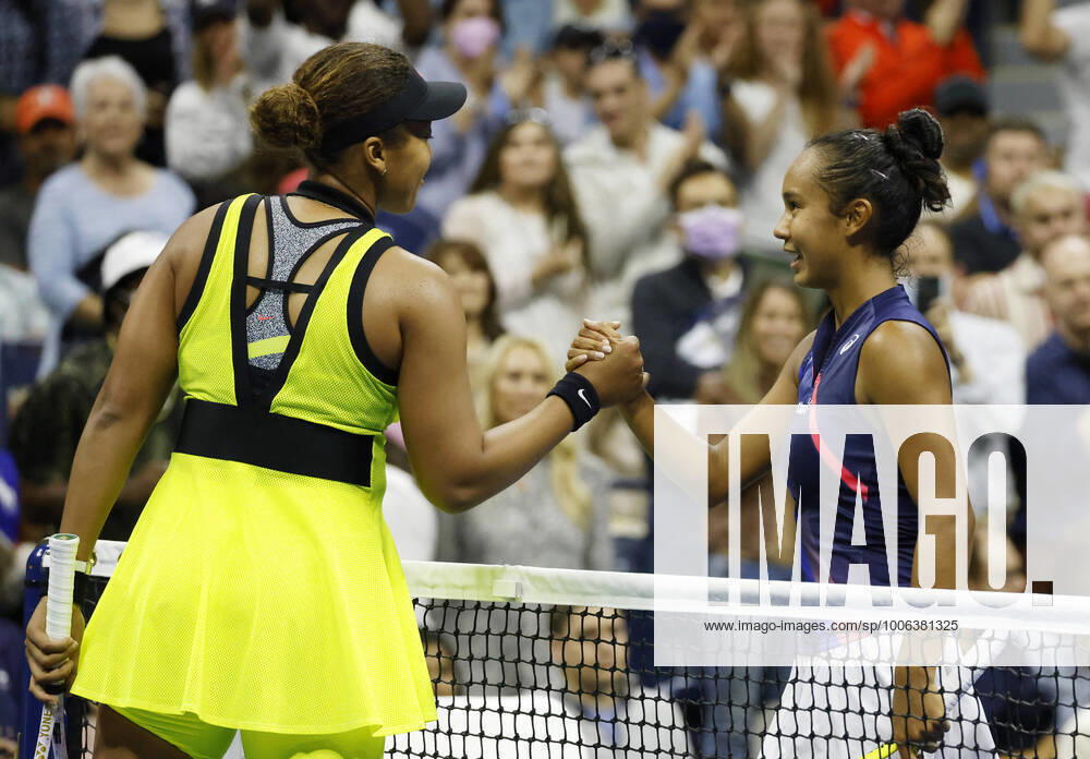 Leylah Fernandez of Canada shakes hands with Naomi Osaka of Japanafter defeating her in 3 sets in Arthur Ashe Stadium in the third round of the 2021 US Open Tennis Championships at the USTA Billie Jean King National Tennis Center on Friday, September 3, 2021 in New York City. NYP20210903132 JOHNxANGELILLO