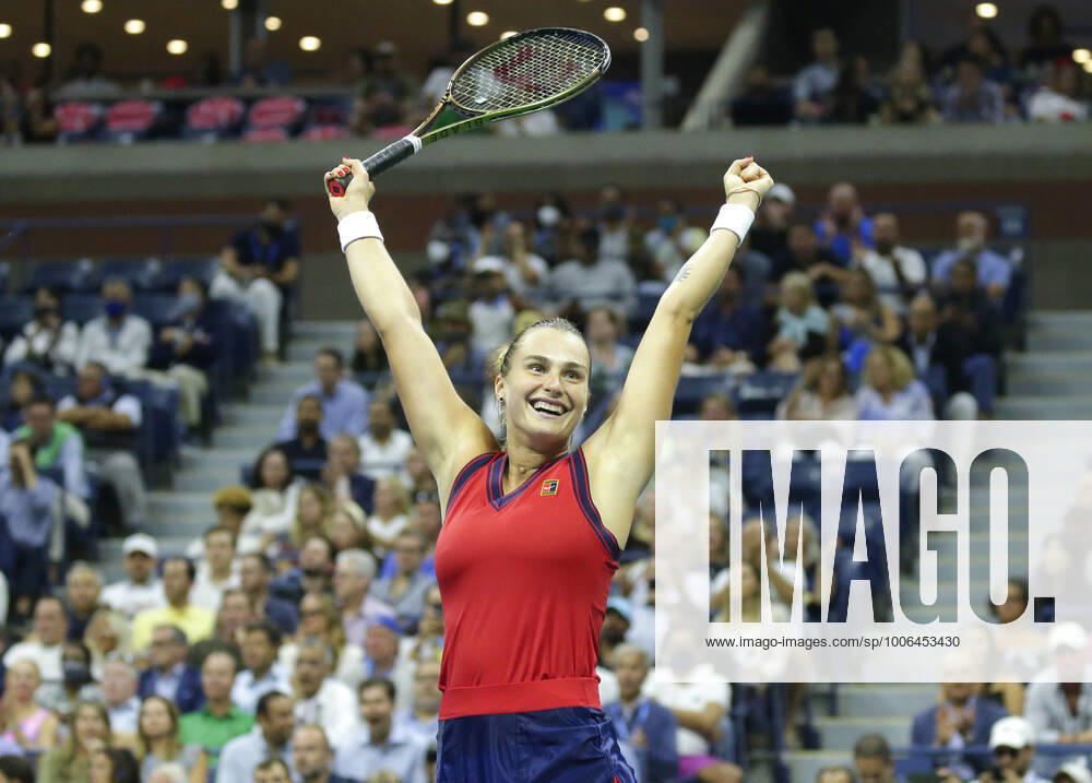 Aryna Sabalenka of Belarus celebrates after match point defeating Barbora Krejcikova of the Czech Republic in straight sets in the quarterfinals of the 2021 US Open Tennis Championships in Arthur The Stadium at the USTA Billie Jean King National Tennis Center on Tuesday, September 7, 2021 in New York City. NYP20210907120 JOHNxANGELILLO