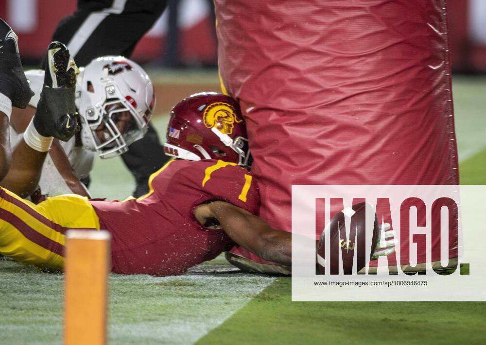 USC s wide receiver Gary Bryant Jr. (1) face plants the goal post after missing a pass in the end zone during a Pac 12 football game between the USC Trojans and the Stanford Cardinal on September 11, 2021, at the Los Angeles Memorial Coliseum. Los Angeles United States - ZUMAg199 20210911_zap_g199_022