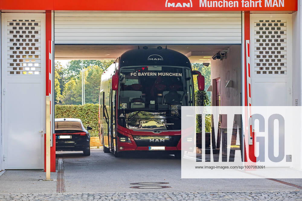 Munich, Germany 03 October 2021 garage entrance with team bus of FC Bayern Munich at Säbener Straße Bayern