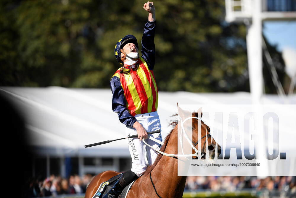 KW41 RACING THE EVEREST, Jockey James McDonald celebrates after riding Nature Strip to victory in race 7, The Everest, at Royal Randwick Racecourse in Sydney, Saturday, October 16, 2021. ( NO ARCHIVING, , NO USE IN BOOKS WITHOUT CONSENT SYDNEY NSW AUSTRALIA