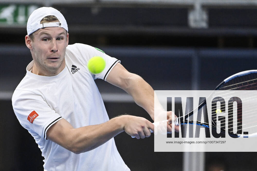 Belgian Gauthier Onclin pictured in action during a match between Italian Seppi and Belgian Onclin, in the qualifications for the European Open Tennis ATP, Tennis Herren tournament, in Antwerp, Sunday 17 October 2021. LAURIExDIEFFEMBACQ x3114547x