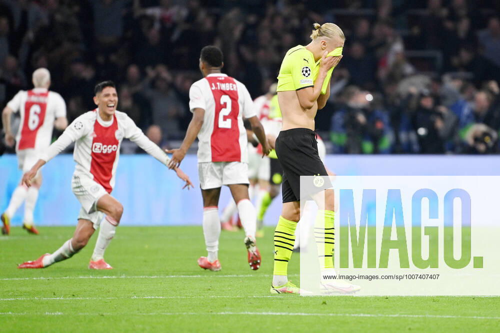 Amsterdam, Amsterdam Arena, 19 10 21, NL, Men, UEFA Champions League, Season 2021 2022, Ajax Amsterdam Borussia Dortmund picture Erling Haaland Dortmund unhappy after goal to 4 0 Only for journalistic use Only for editorial use According to the regulations of the DFL Deutsche Fußball Liga it is prohibited to exploit or have exploited photographs taken in the stadium and or from the game in the form of sequence images and or video-like photo series DFL regulations prohibit any use of photographs as image sequences and or quasi video Netherlands