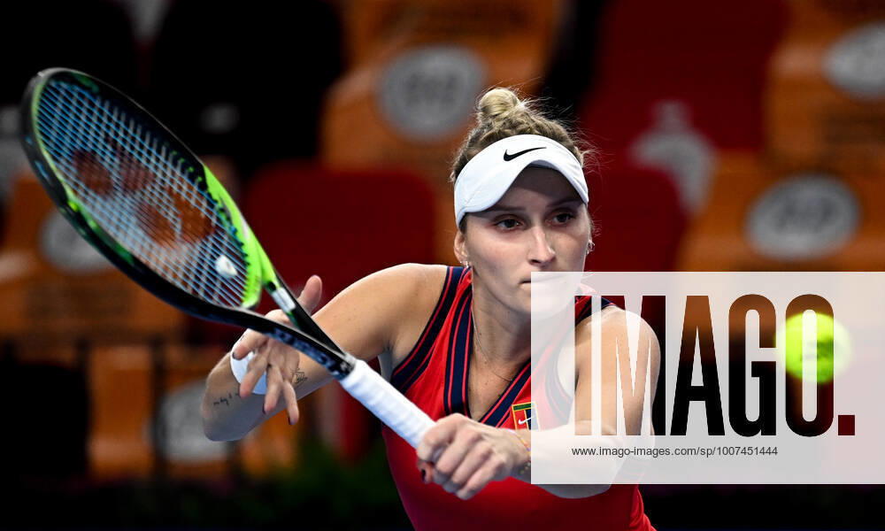 6678129 22.10.2021 Czech Republic s Marketa Vondrousova returns a shot during the women s singles quarterfinal tennis match against Russia s Anastasia Pavlyuchenkova at the Kremlin Cup, in Moscow, Russia. Alexey Filippov Sputnik Russia Tennis Kremlin Cup 824956da8e446eaa