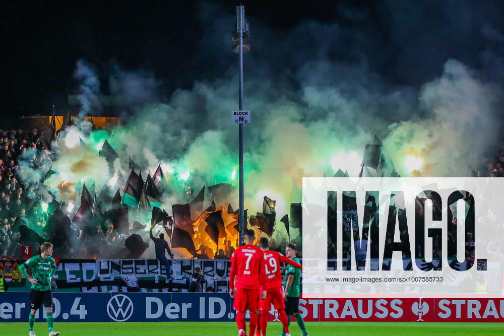 Football DFB Cup SC Preußen Münster Hertha BSC Berlin on 26 08 2021 at the Preußenstadion in Münster The Preußen Münster fans ignite pyrotechnics in their block