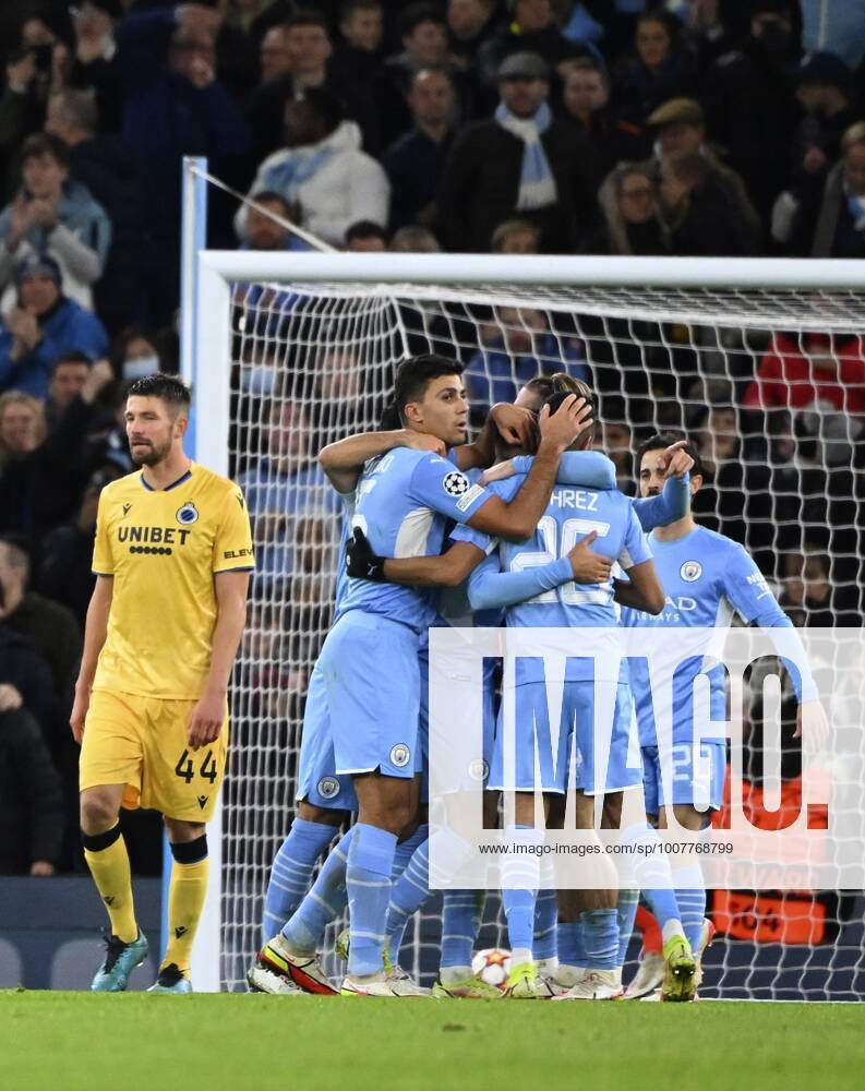 Manchester, United Kingdom - November 03 : Riyad Mahrez forward of Manchester City celebrates scoring a goal during the UEFA Champions League Group stage A match between Manchester City FC and Club Brugge on November 3, 2021 in Manchester, United Kingdom, 3 11 2021 ( Manchester City v Club Brugge - UEFA Champions League PhotoNews Panoramic
