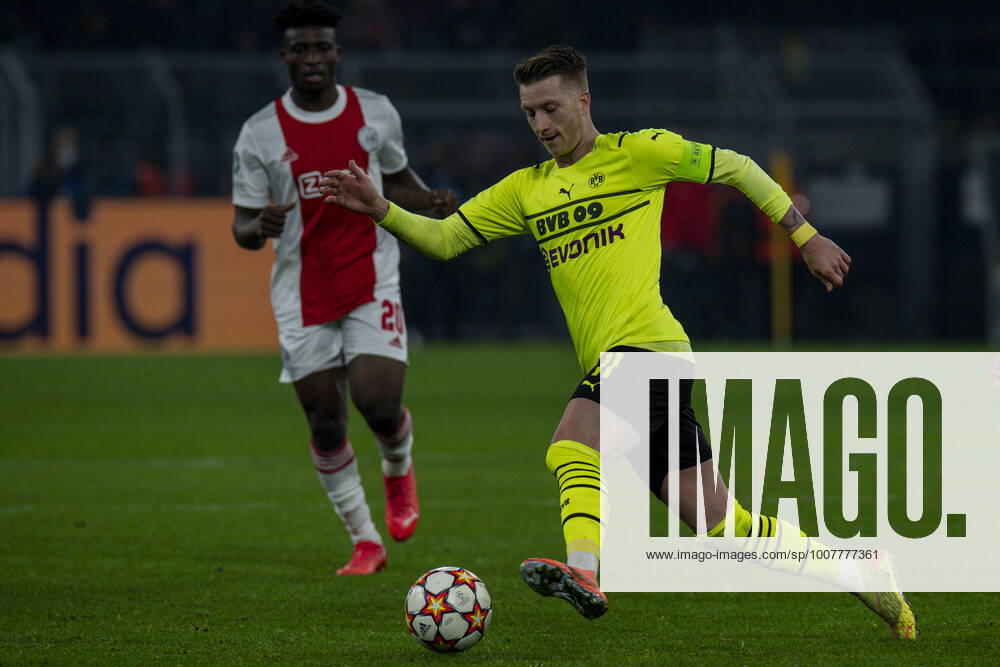 Football UEFA Champions League, Matchday 4, Borussia Dortmund Ajax Amsterdam on 03 11 2021 at Signal Iduna Park in Dortmund North Rhine Westphalia Individual action by Dortmund s Marco Reus UEFA REGULATES PROHIBIT ANY USE OF PHOTOGRAPHS AS IMAGE SEQUENCES AND OR QUASI VIDEO