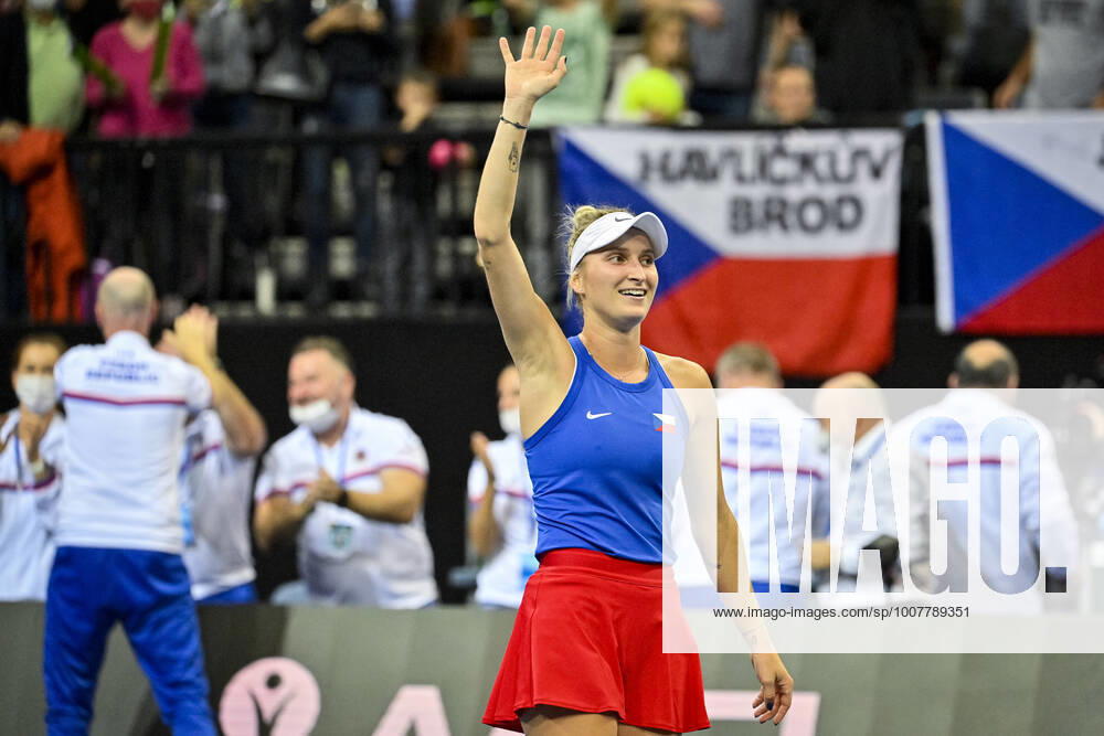 Czech Marketa Vondrousova celebrates victory after Group D match against Viktorija Golubic of Switzerland during the women’s tennis Billie Jean King Cup (former Fed Cup) in Prague, Czech Republic, November 4, 2021. (CTKxPhoto VitxSimanek) CTKPhotoP2021110408858 VIS 010