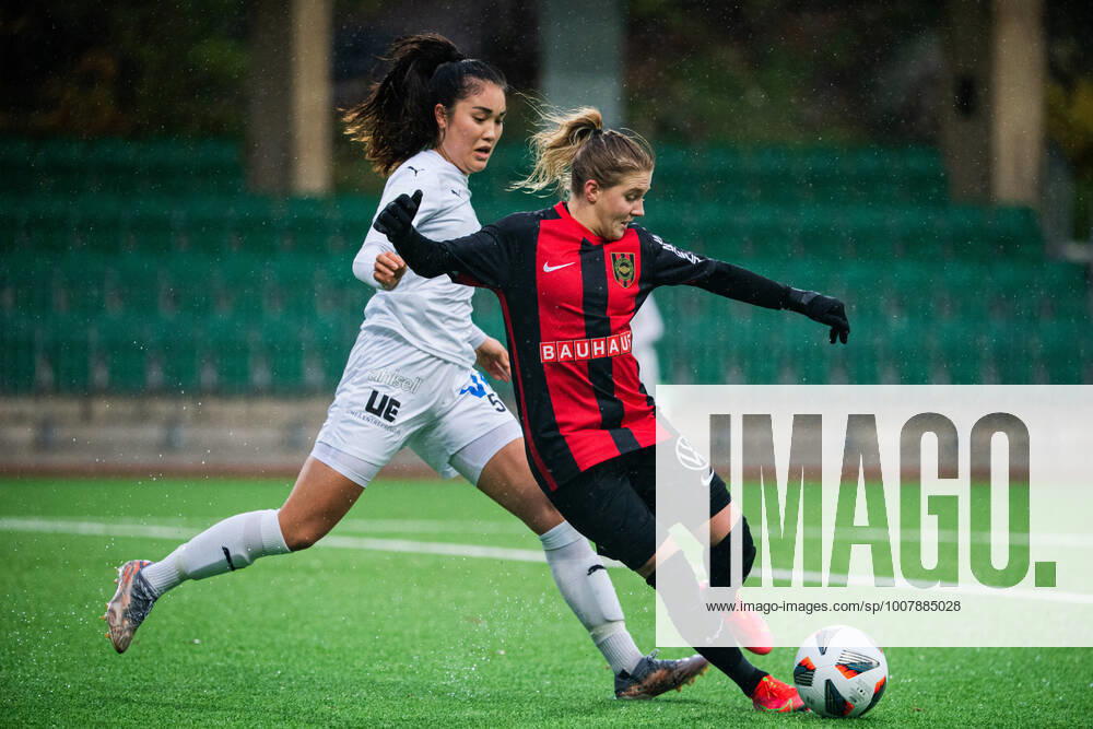 Umeas Cajsa Lundkvist and Brommapojkarnas Ebba Ronquist during the F19 SM final match between Brommapojkarna and Umea on November 7, 2021 in Stockholm,