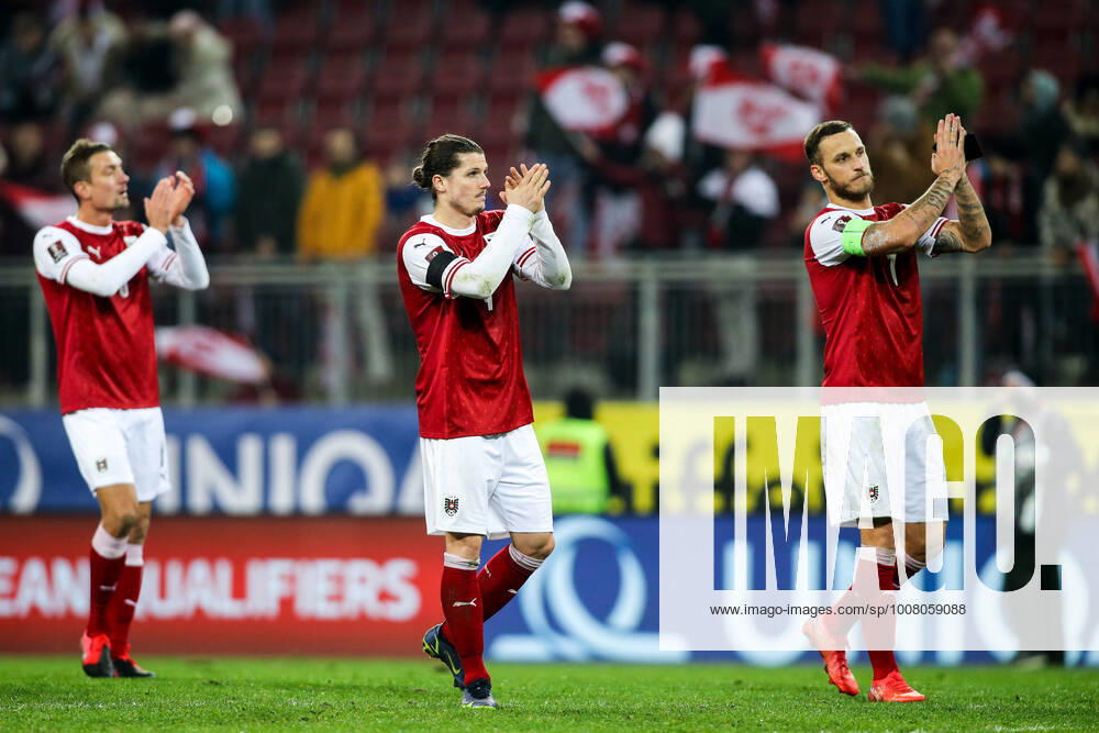 SOCCER - FIFA World Cup, WM, Weltmeisterschaft, Fussball 2022 quali, AUT vs MDA KLAGENFURT,AUSTRIA,15.NOV.21 - SOCCER - FIFA World Cup Qatar 2022, European qualifiers, OEFB international match, Länderspiel, Nationalmannschaft Austria vs Moldova. Image shows Stefan Ilsanker, Marcel Sabitzer and Marko Arnautovic (AUT). GEPAxpictures Klansek