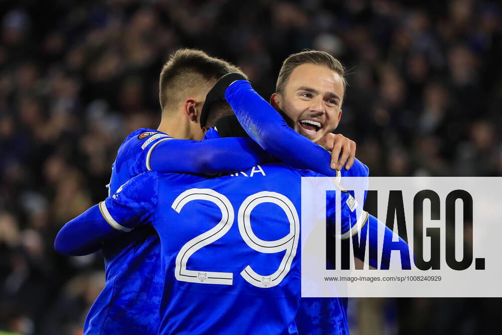 UEFA Europa League Leicester City vs Legia Warsaw James Maddison 10 of Leicester City congratulates Patson Daka 29 of Leicester City after scoring to make it 1-0 Leicester King Power Stadium Leicestershire United Kingdom