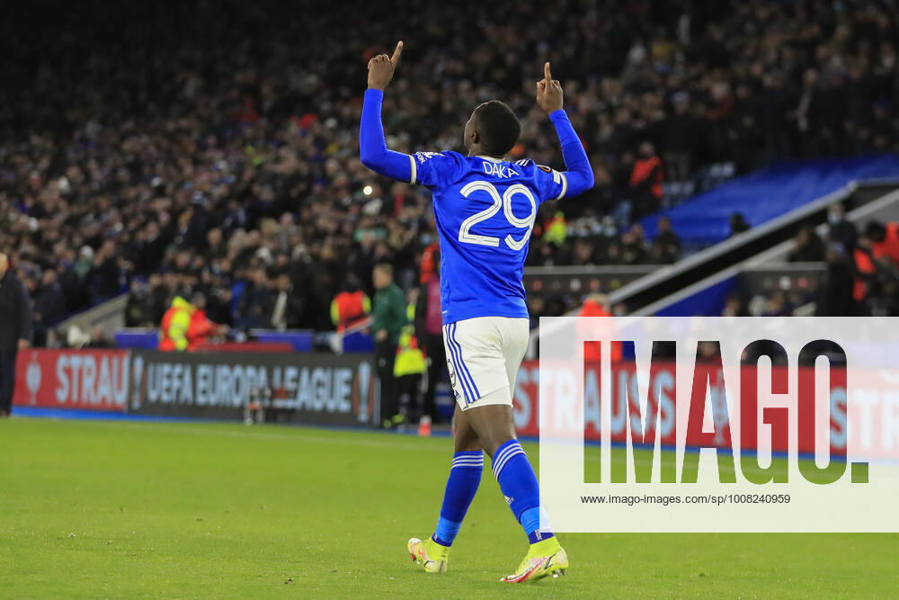 UEFA Europa League Leicester City vs Legia Warsaw Patson Daka 29 of Leicester City gives thanks after scoring to make it 1-0 Leicester King Power Stadium Leicestershire United Kingdom