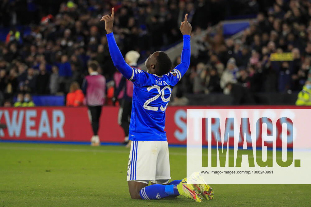 UEFA Europa League Leicester City vs Legia Warsaw Patson Daka 29 of Leicester City gives thanks after scoring to make it 1-0 Leicester King Power Stadium Leicestershire United Kingdom