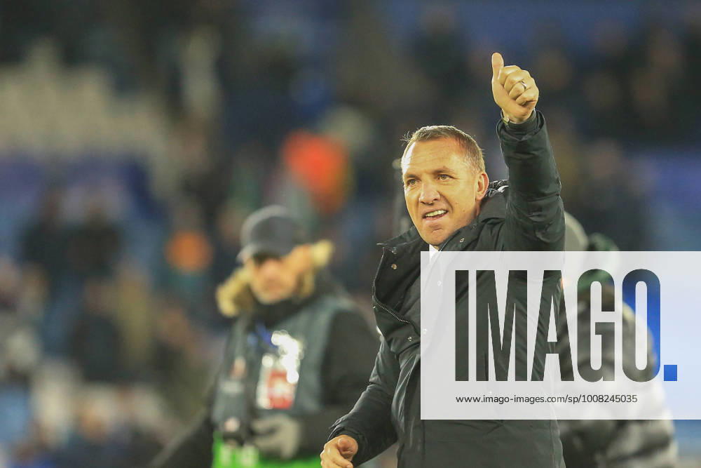 Leicester City v Legia Warsaw Europa League 25 11 2021. Brendon Rodgers manager of Leicester City gestures to the supporters during the Europa League match between Leicester City and Legia Warsaw at the King Power Stadium, Leicester, England on 25 November 2021. Editorial use only ,