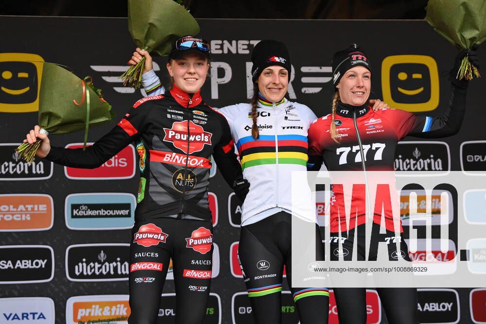 Dutch Fem Van Empel, Dutch Lucinda Brand and Dutch Annemarie Worst celebrate on the podium after the women Elite race of the sixth stage (out of eight) in the Superprestige cyclocross, Monday 27 December 2021 in Heusden-Zolder, Belgium. DAVIDxSTOCKMAN x3163245x