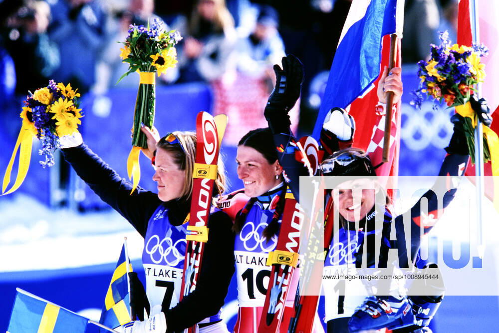 KOSTELIC Janica Team CRO Olympic Champion Womens Giant Slalom Ski Alpine with PAERSON Anja and NEF Sonja Olympic Winter Games 2002 Salt Lake City USA on 22 02 2002 in Salt Lake City