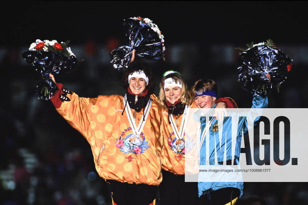 PECHSTEIN Claudia Team GER 3 Place Final 5000m of the Women Award Ceremony with Olympic Champion NIEMANN Gunda and WARNICKE Heike on 17 02 1992 in Albertville Olympic Winter Games in Albertville 1992