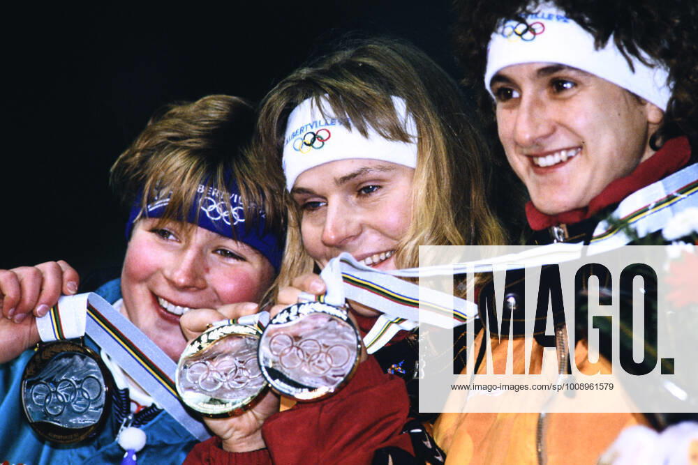 PECHSTEIN Claudia Team GER 3 Place Final 5000m of the Women Award Ceremony with Olympic Champion NIEMANN Gunda and WARNICKE Heike on 17 02 1992 in Albertville Olympic Winter Games in Albertville 1992