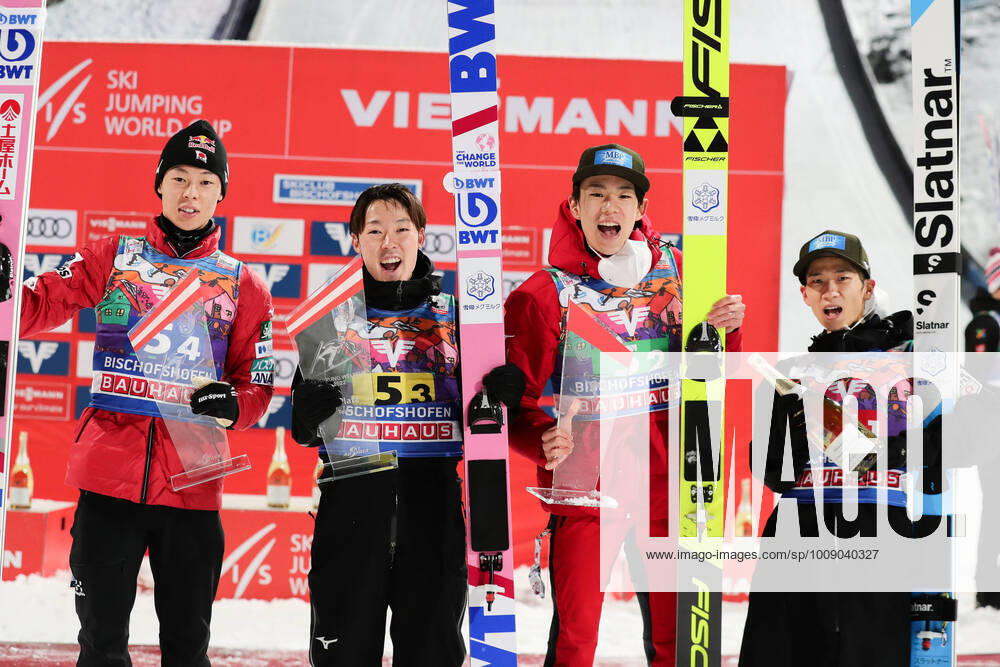 KW01 Ski jumping, Skispringen, Ski, nordisch - FIS WC Bischofshofen BISCHOFSHOFEN,AUSTRIA,09.JAN.22 - NORDIC SKIING, SKI JUMPING - FIS World Cup, large hill, team event. Image shows the rejoicing of Royoyu Kobayashi, Junshiro Kobayashi, Keiichi Sato and Yukiya Sato (JPN). GEPAxpictures Geieregger