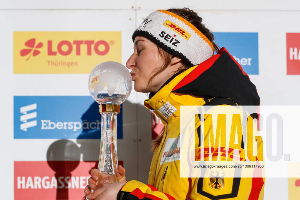 Julia Taubitz GER, Germany with the trophy for the overall sprint win wins the overall World Cup ranking in sprint, 1 14 2022, Oberhof Germany , Eberspaecher Luge World Cup Oberhof
