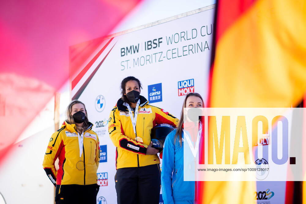 Laura Nolte Germany, BSC Winterberg , Mariama Jamanka Germany, BRC Thueringen , Nadezhda Sergeeva Russia on the podium of the European Championship, CH, IBSF World Cup and European Championship, St Moritz Monobob Women, 15 01 2022, season 2021 2022 CH, IBSF World Cup and European Championship, St Moritz Monobob Women, 15 01 2022, season 2021 2022
