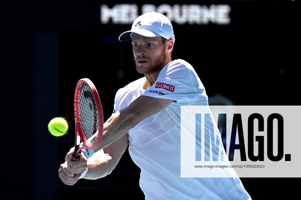 TENNIS AUSTRALIAN OPEN, Yannick Hanfmann of Germany plays a shot during his second round Men?s singles match against Rafael Nadal of Spain on Day 3 of the Australian Open, at Melbourne Park, in Melbourne, Wednesday, January 19, 2022. ( NO ARCHIVING, , NO USE IN BOOKS WITHOUT CONSENT MELBOURNE VIC AUSTRALIA