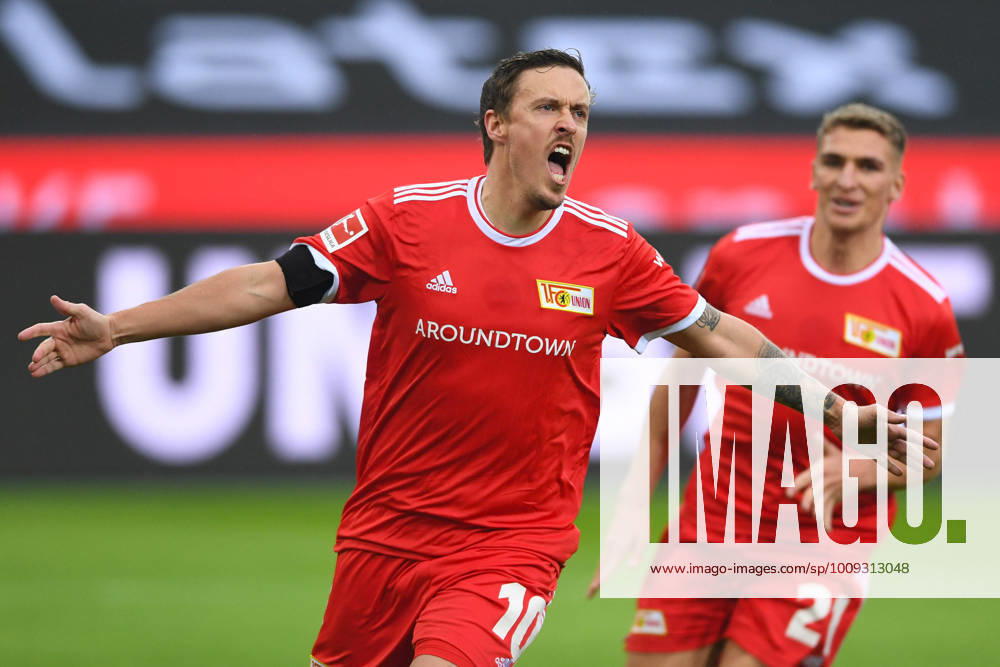 Soccer 1 Bundesliga 20 Matchday Borussia Mönchengladbach 1 FC Union Berlin on 22 01 2022 at Borussia Park in Mönchengladbach Goal celebration cheering goal to 0 1 by Max Kruse Berlin DFL regulations prohibit any use of photographs as image sequences and or quasi video
