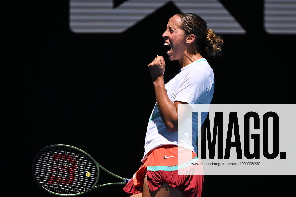 TENNIS AUSTRALIAN OPEN, Madison Keys of the USA celebrates match point during her 4th round match against Paula Badosa of Spain on Day 7 of the Australian Open at Melbourne Park in Melbourne, Sunday, January 23, 2022. ( NO ARCHIVING, , NO USE IN BOOKS WITHOUT CONSENT MELBOURNE VIC AUSTRALIA
