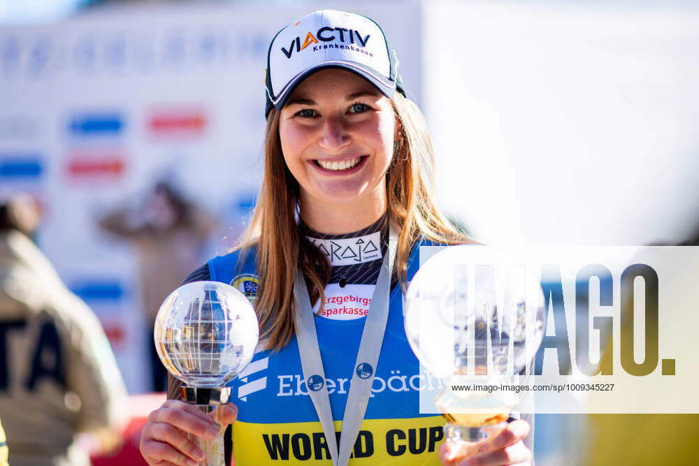 Julia Taubitz Germany cheers victory in overall World Cup, CH, FIL Luge 9 Eberspaecher World Cup and European Championships, St Moritz Luge Single Seater Women, 23 01 2022, Season 2021 2022 CH, FIL Luge 9 Eberspaecher World Cup and European Championships, St Moritz Luge Single Seater Women, 23 01 2022, Season 2021 2022