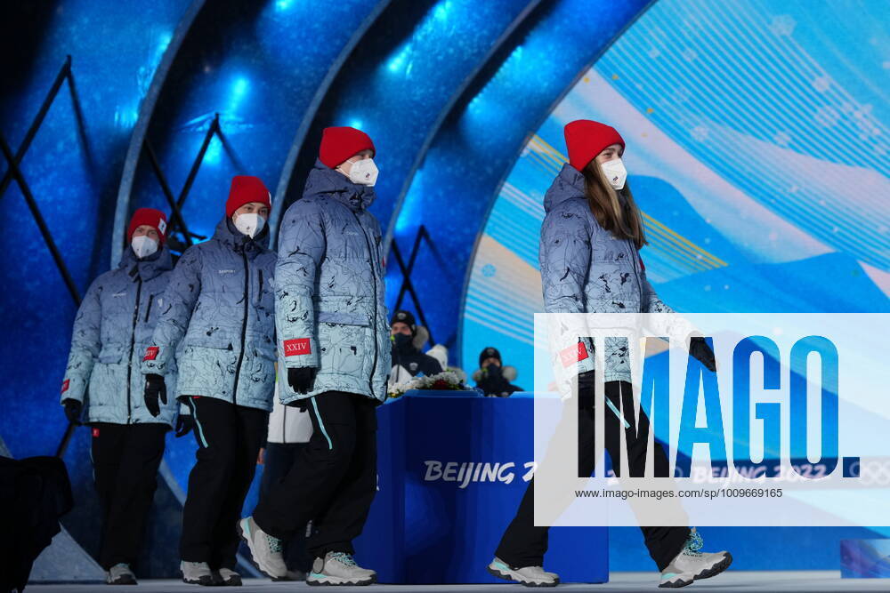 China Olympics 2022 Medal Ceremony 8108113 08.02.2022 Silver medalists Russian Olympic Committee s Irma Makhinia, Danil Sadreev, Irina Avvakumova, Evgeniy Klimov arrive for the the Ski jumping, Skispringen, Ski, nordisch mixed team medal ceremony during the Beijing 2022 Winter Olympic Games, Olympische Spiele, Olympia, OS at the Medals Plaza in Zhangjiakou, China. Ramil Sitdikov Sputnik Beijing China