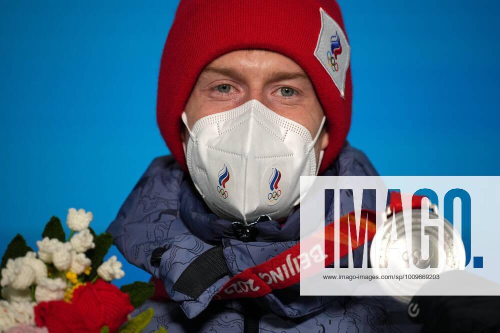 China Olympics 2022 Medal Ceremony 8108125 08.02.2022 Silver medalist Russian Olympic Committee s Evgeniy Klimov poses on the podium during the medal ceremony for the Ski jumping, Skispringen, Ski, nordisch mixed team event of the Beijing 2022 Winter Olympic Games, Olympische Spiele, Olympia, OS at the Medals Plaza in Zhangjiakou, China. Ramil Sitdikov Sputnik Beijing China