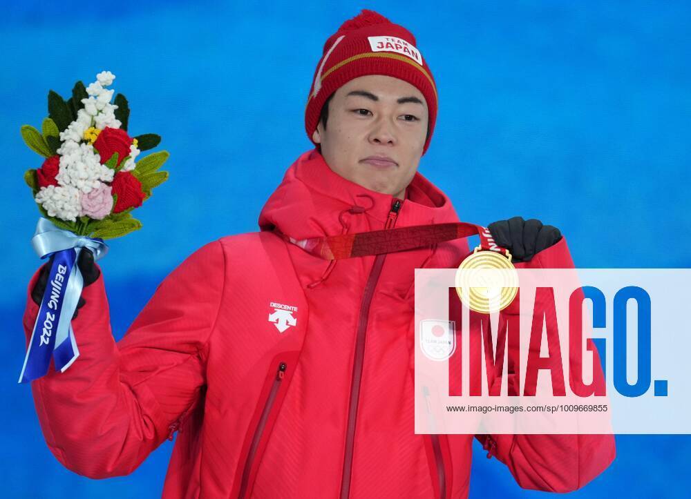 China Olympics 2022 Medal Ceremony 8108150 08.02.2022 Gold medalist Japan s Ryoyu Kobayashi poses on the podium during the medal ceremony for the Ski jumping, Skispringen, Ski, nordisch men s normal hill individual event of the Beijing 2022 Winter Olympic Games, Olympische Spiele, Olympia, OS at the Medals Plaza in Zhangjiakou, China. Ramil Sitdikov Sputnik Beijing China