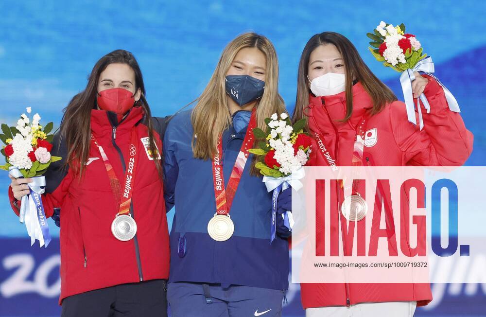 Beijing Olympics: Snowboard (from left) Silver medalist Queralt Castellet of Spain, gold medalist Chloe Kim of the United States and bronze medalist Sena Tomita of Japan pose during the medal ceremony for the women s snowboard halfpipe at the Beijing Winter Olympics on Feb. 10, 2022, in Zhangjiakou, China. A14AA0001238196P