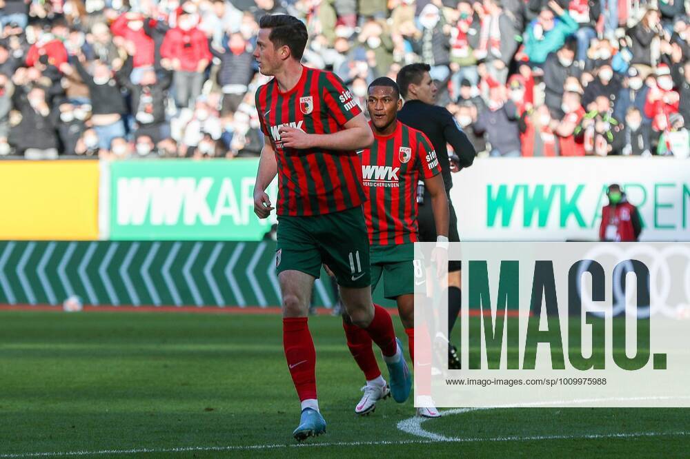 Goal celebration by Michael Gregoritsch 11 FC Augsburg to equalize 1 1, FC Augsburg vs SC Freiburg, 1 Bundesliga, 23 Spieltag, 19 02 2022 DFB regulations prohibit any use of photographs as image sequences and or quasi video Augsburg Bayern Germany