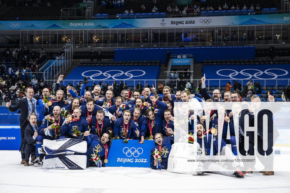 Players of Finland celebrate after the men s ice hockey final game between Finland and ROC Russia during day 16 of the 2022 Winter Olympics on February 20, 2022 in Beijing Photo Maxim Thore BILDBYRAN kod MT MT0334 bbeng ishockey ice hockey olympic games olympics winter olympics os ol olympics winter os olympics peking peking peking 2022 beijing 2022 beijing 2022 olympic games beijing 2022 winter olympic games beijing os beijing ol winter ol final russia finland russia cheer,