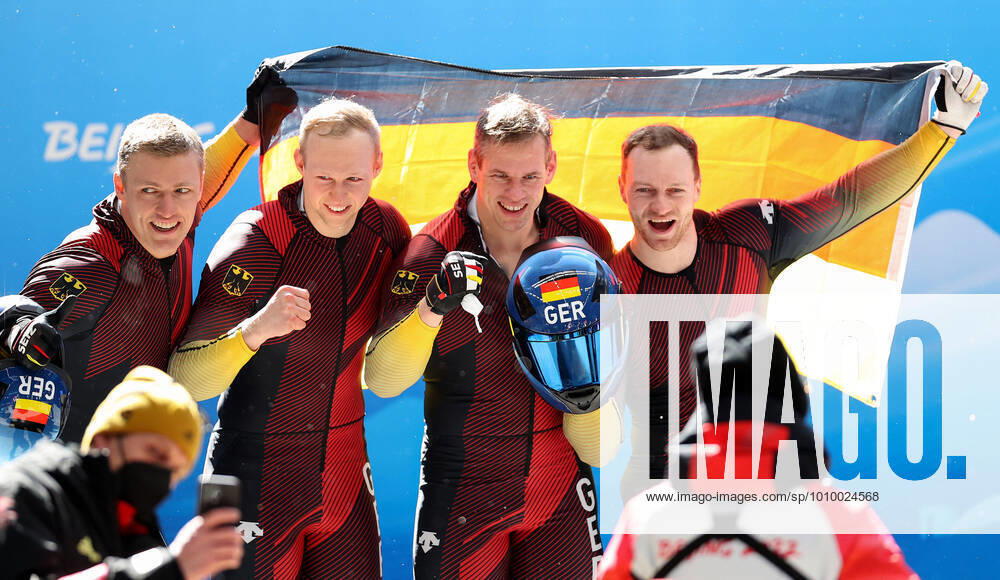 KW 07 (220220) -- BEIJING, Feb. 20, 2022 -- Francesco Friedrich Thorsten Margis Candy Bauer Alexander Schueller of Germany celebrate after the bobsleigh 4-man heat of Beijing 2022 Winter Olympics at National Sliding Centre in Yanqing District, Beijing, capital of China, Feb. 20, 2022. ) (BEIJING2022)CHINA-BEIJING-OLYMPIC Winter games, Winterspiele,Spiele, Summer games BOBSLEIGH-4-MEN-HEAT(CN) YaoxJianfeng
