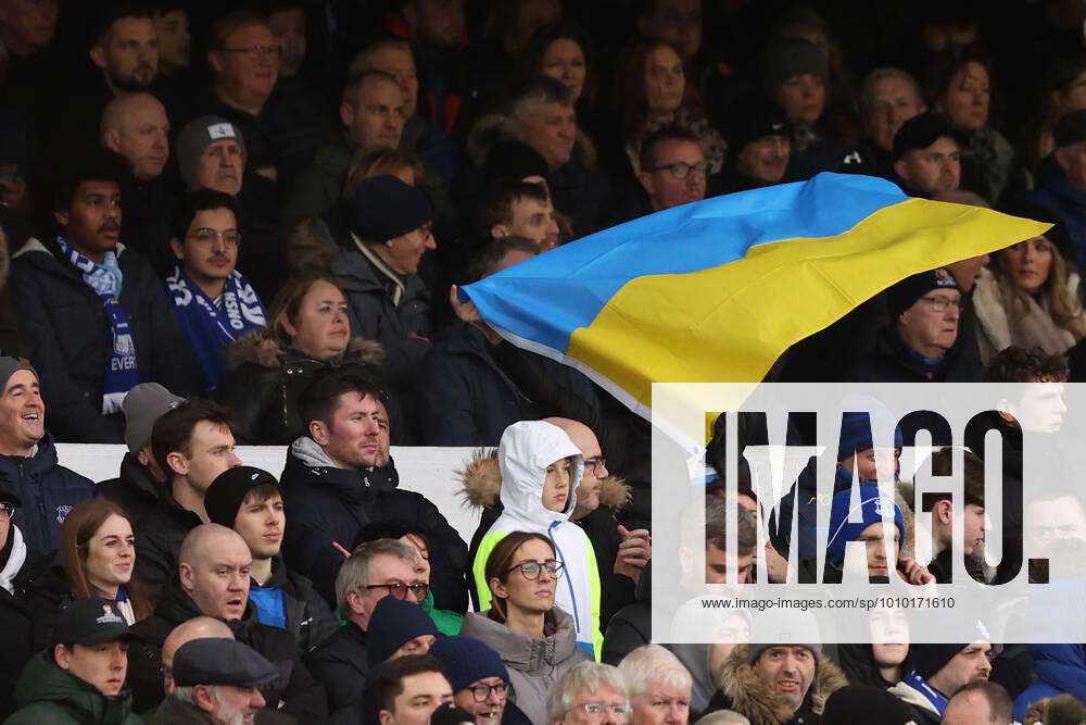 Mandatory Credit: Photo by Paul Greenwood Shutterstock (12820892e) Everton fans with a Ukraine flag Everton v Manchester City, Premier League, Football, Goodison Park, Liverpool, UK - 26 Feb 2022 Everton v Manchester City, Premier League, Football, Goodison Park, Liverpool, UK - 26 Feb 2022